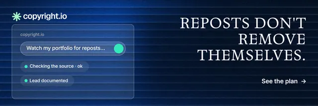 X header for copyright.io: "Reposts don't remove themselves." Minimal luxury style, right layout, dark palette in black, blue.