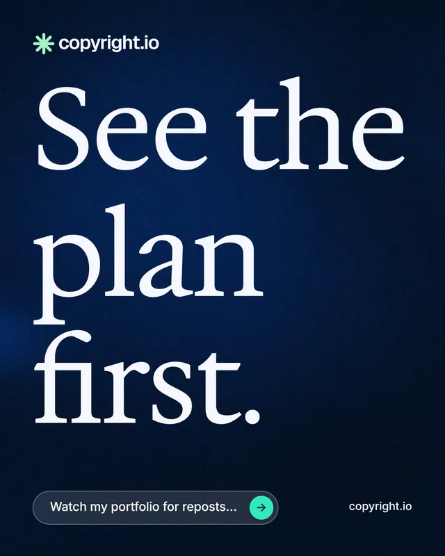 Instagram portrait post for copyright.io: "See the plan first." Agentic glass style, poster layout, dark palette in blue, black, grey.