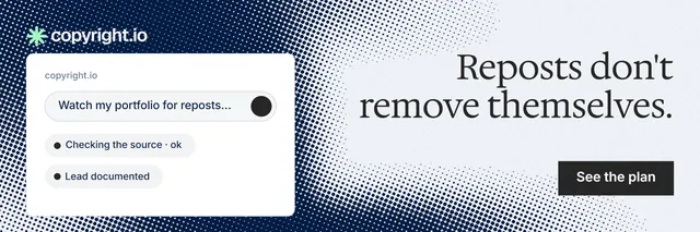 X header for copyright.io: "Reposts don't remove themselves." Split block style, right layout, light palette in white, blue, grey.