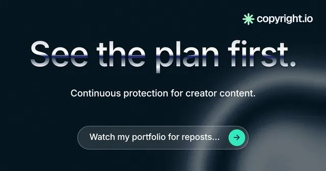 Social ad for copyright.io: "See the plan first." Agentic glass style, centred layout, dark palette in black, grey, blue.