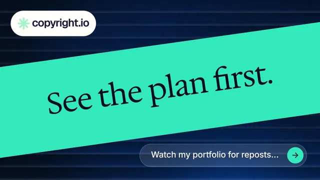 Landscape graphic for copyright.io: "See the plan first." Agentic glass style, diagonal layout, light palette in teal, black, blue.