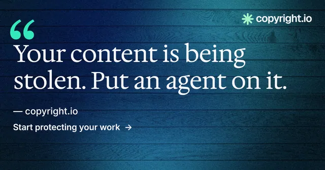 Social ad for copyright.io: "Continuous protection for creators." Minimal luxury style, quote layout, dark palette in blue, black.