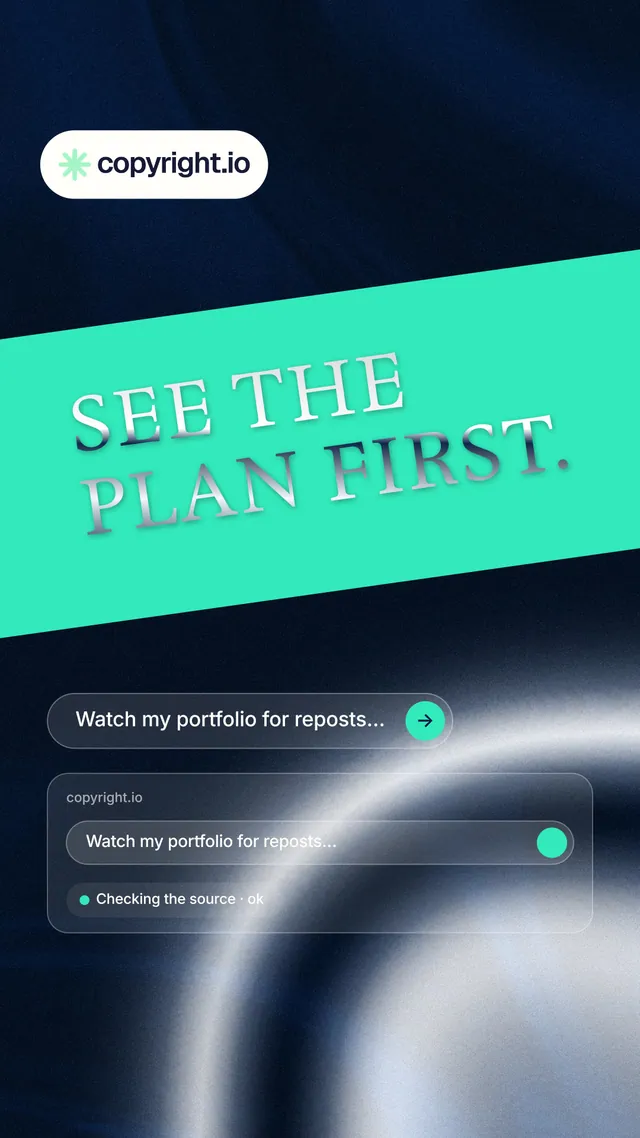 Instagram story for copyright.io: "See the plan first." Agentic glass style, diagonal layout, dark palette in teal, black, grey.
