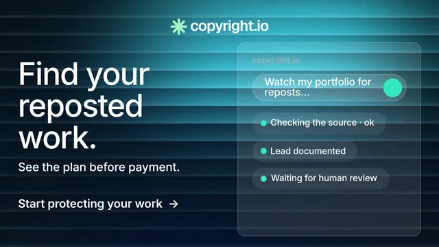 Landscape graphic for copyright.io: "Find your reposted work." Minimal luxury style, bottom layout, dark palette in black, blue, teal.