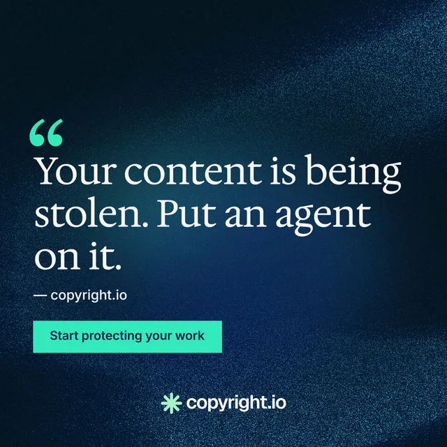 Instagram post for copyright.io: "Your content is being stolen." Swiss style, quote layout, dark palette in blue, black, teal.