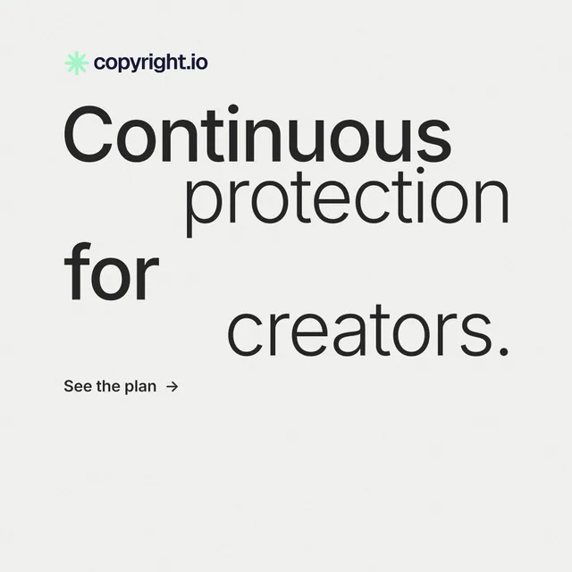 Instagram post for copyright.io: "Continuous protection for creators." Minimal luxury style, stacked layout, light palette in white.