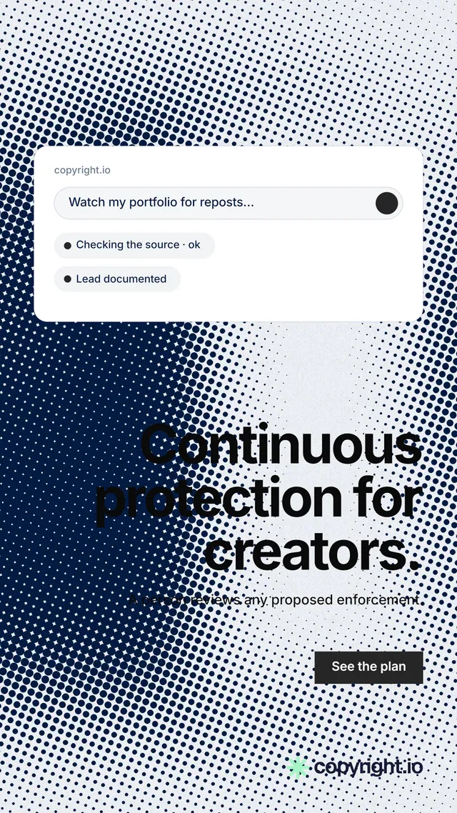 Instagram story for copyright.io: "Continuous protection for creators." Swiss style, right layout, light palette in white, blue, grey.