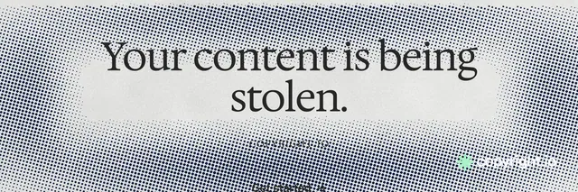 X header for copyright.io: "Your content is being stolen." Swiss style, smallcaps layout, light palette in white, grey.