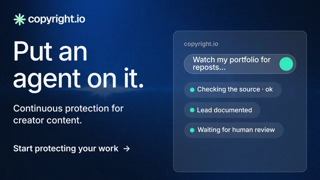 Landscape graphic for copyright.io: "Put an agent on it." Minimal luxury style, bottom layout, dark palette in blue, black.