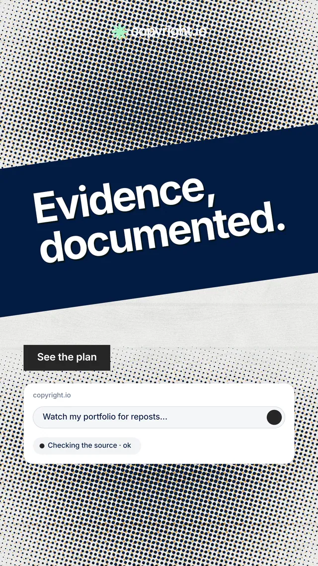 Instagram story for copyright.io: "Evidence, documented." Swiss style, diagonal layout, light palette in grey, blue, white.