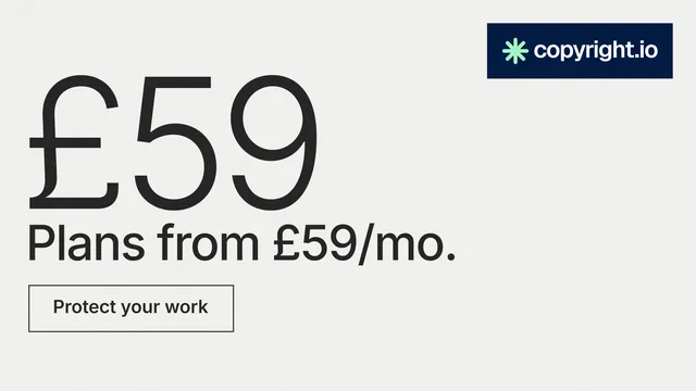 Landscape graphic for copyright.io: "Find your reposted work." Editorial style, stat layout, light palette in white, grey.
