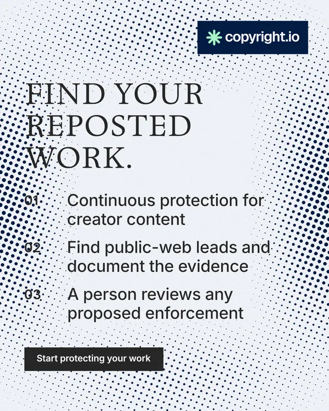Instagram portrait post for copyright.io: "Find your reposted work." Split block style, numbered layout, light palette in blue, white, grey.