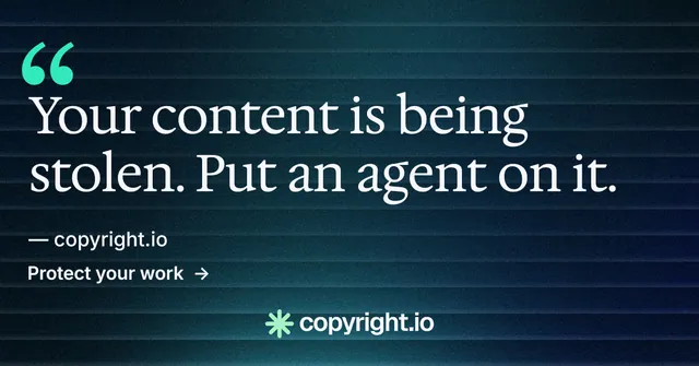 Social ad for copyright.io: "Reposts don't remove themselves." Minimal luxury style, quote layout, dark palette in blue, black.