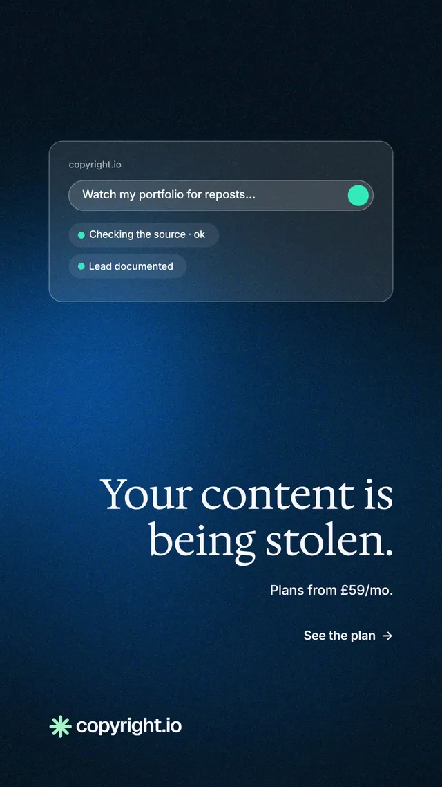Instagram story for copyright.io: "Your content is being stolen." Minimal luxury style, right layout, dark palette in black, blue.