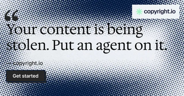 Social ad for copyright.io: "Your content is being stolen." Brutalist style, quote layout, light palette in grey, blue, white.