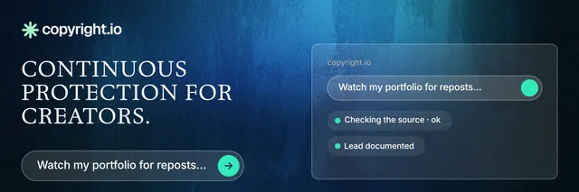 X header for copyright.io: "Continuous protection for creators." Agentic glass style, bottom layout, dark palette in blue, black.