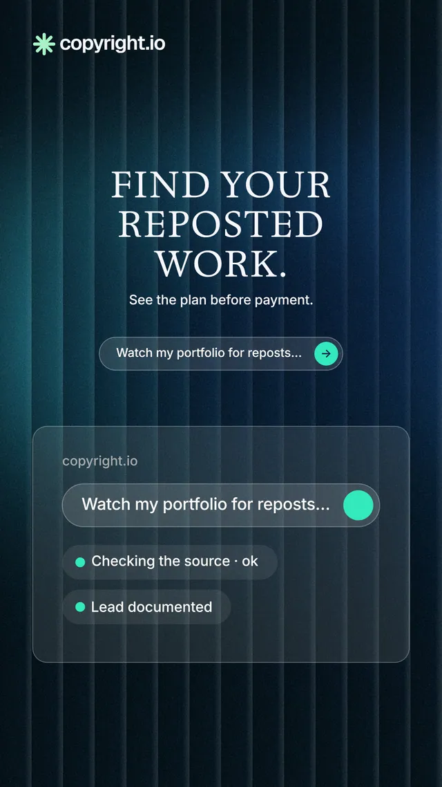Instagram story for copyright.io: "Find your reposted work." Agentic glass style, centred layout, dark palette in black, blue.