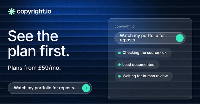 Social ad for copyright.io: "See the plan first." Agentic glass style, bottom layout, dark palette in black, blue, grey.
