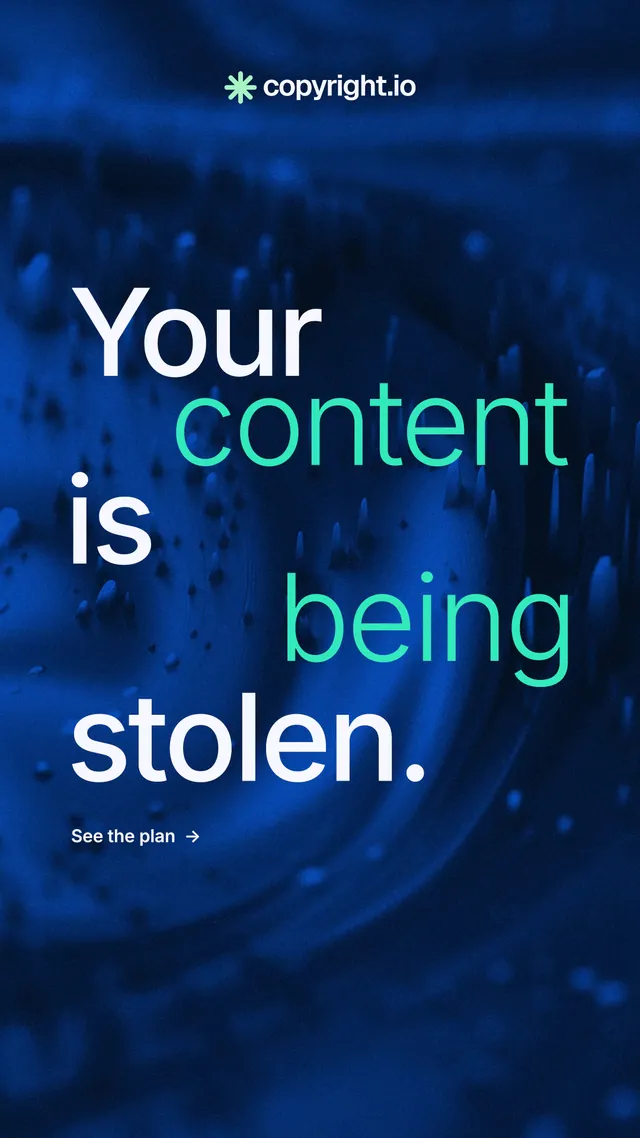 Instagram story for copyright.io: "Your content is being stolen." Minimal luxury style, stacked layout, dark palette in blue, black.