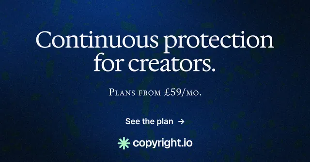 Social ad for copyright.io: "Continuous protection for creators." Minimal luxury style, smallcaps layout, dark palette in blue, black.