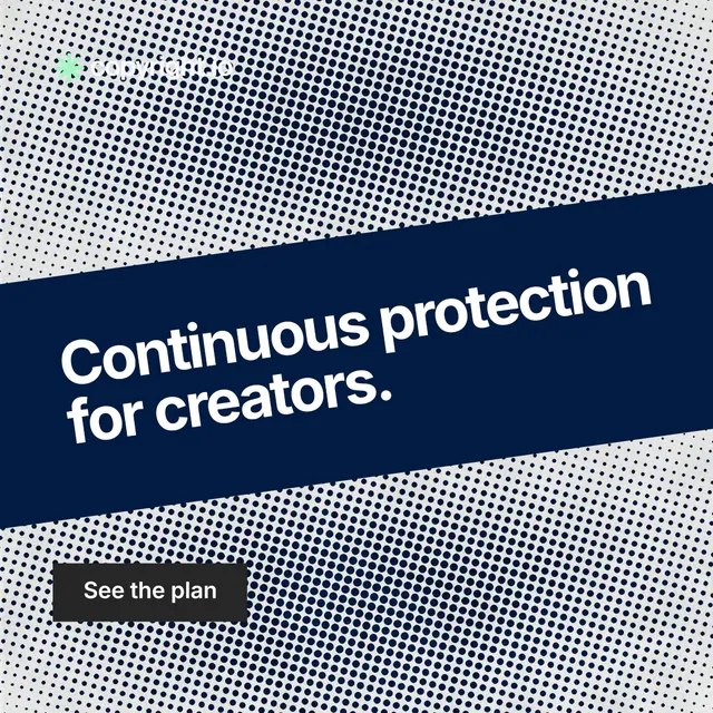 Instagram post for copyright.io: "Continuous protection for creators." Swiss style, diagonal layout, light palette in blue, grey.