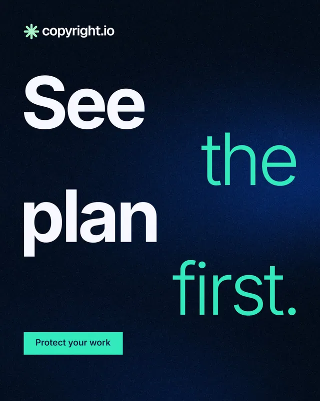 Instagram portrait post for copyright.io: "See the plan first." Swiss style, stacked layout, dark palette in black, blue, teal.