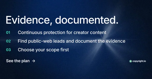 Social ad for copyright.io: "Evidence, documented." Minimal luxury style, numbered layout, dark palette in blue, black.