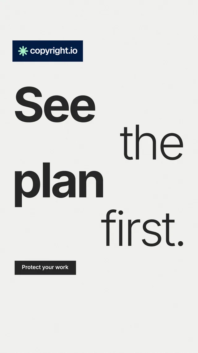 Instagram story for copyright.io: "See the plan first." Swiss style, stacked layout, light palette in white, grey.