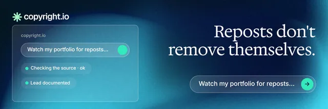 X header for copyright.io: "Reposts don't remove themselves." Agentic glass style, right layout, dark palette in black, blue, teal.