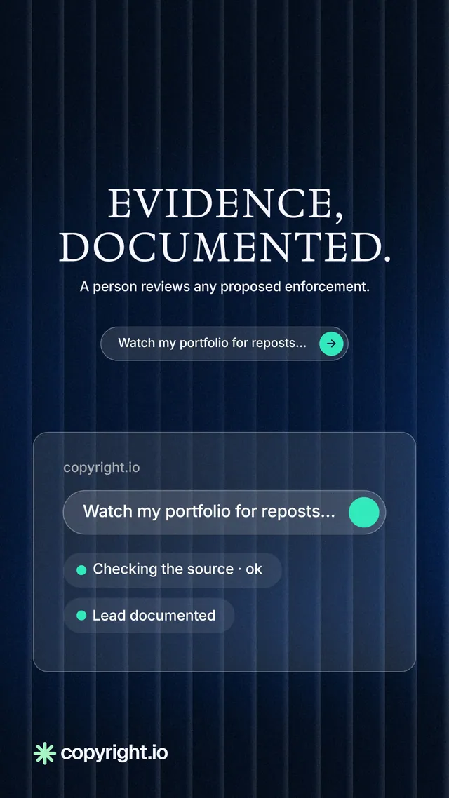 Instagram story for copyright.io: "Evidence, documented." Agentic glass style, centred layout, dark palette in black, blue.