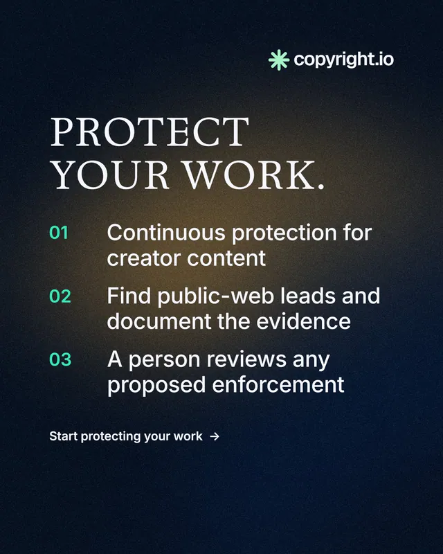 Instagram portrait post for copyright.io: "Protect your work." Minimal luxury style, numbered layout, dark palette in black, grey.