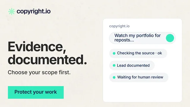 Landscape graphic for copyright.io: "Evidence, documented." Swiss style, bottom layout, light palette in white, grey.