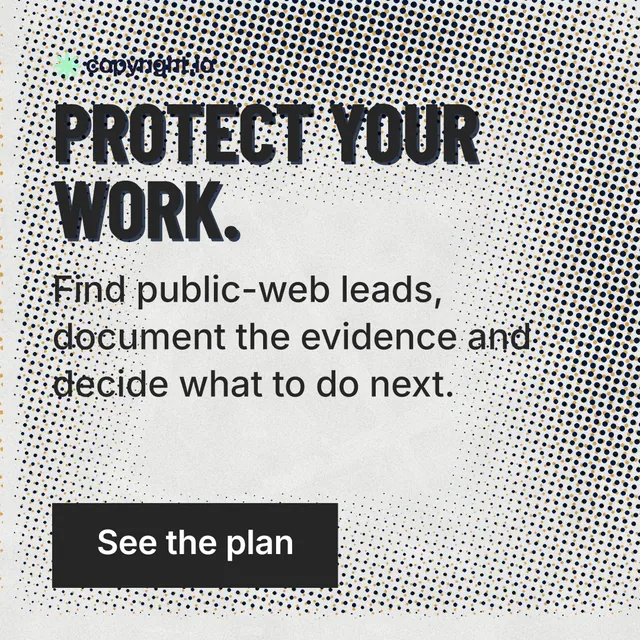 Instagram post for copyright.io: "Protect your work." Retro print style, skeleton layout, light palette in grey, white.