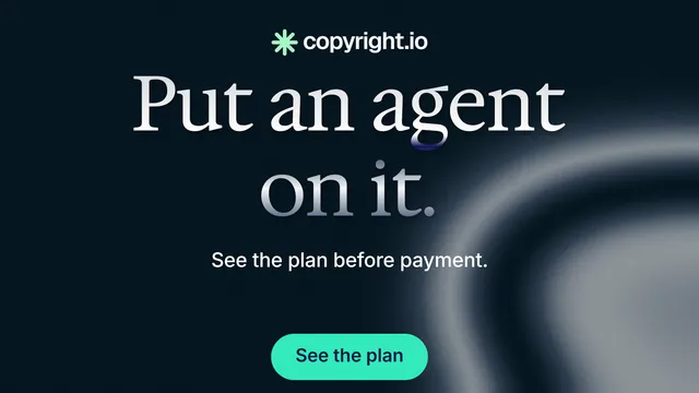 Landscape graphic for copyright.io: "Put an agent on it." Y2K style, centred layout, dark palette in black, grey.