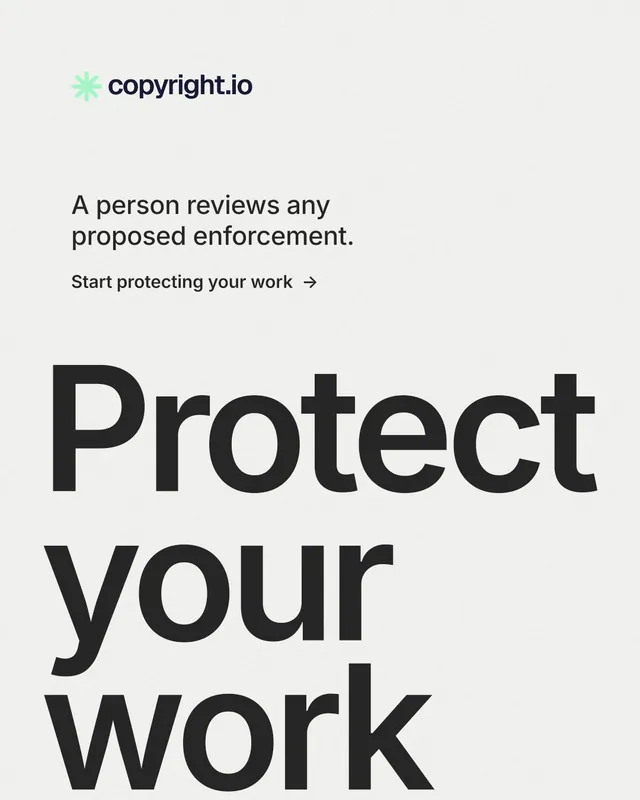 Instagram portrait post for copyright.io: "Continuous protection for creators." Minimal luxury style, oversized layout, light palette in white, grey.