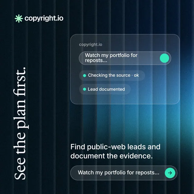 Instagram post for copyright.io: "See the plan first." Agentic glass style, vertical layout, dark palette in blue, black.