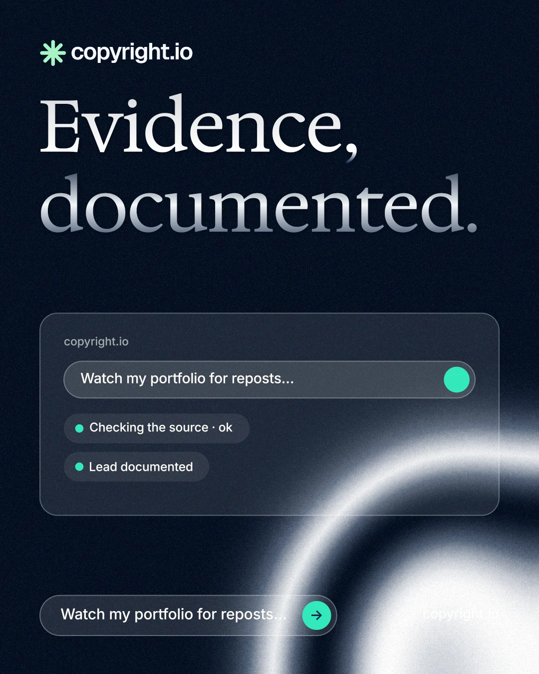 Instagram portrait post for copyright.io: "Evidence, documented." Agentic glass style, poster layout, dark palette in black, blue, grey.