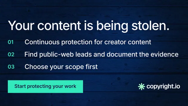Landscape graphic for copyright.io: "Your content is being stolen." Swiss style, numbered layout, dark palette in blue, black, teal.