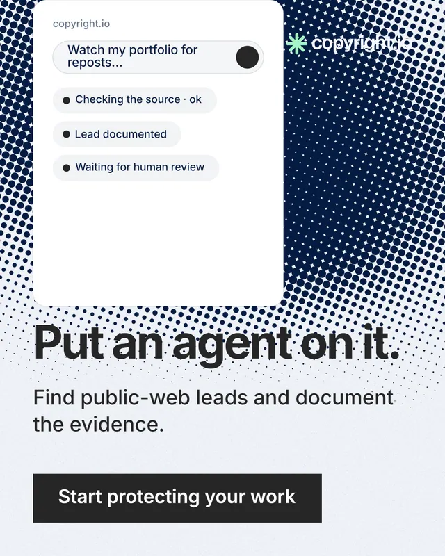 Instagram portrait post for copyright.io: "Put an agent on it." Swiss style, skeleton layout, light palette in white, blue, grey.