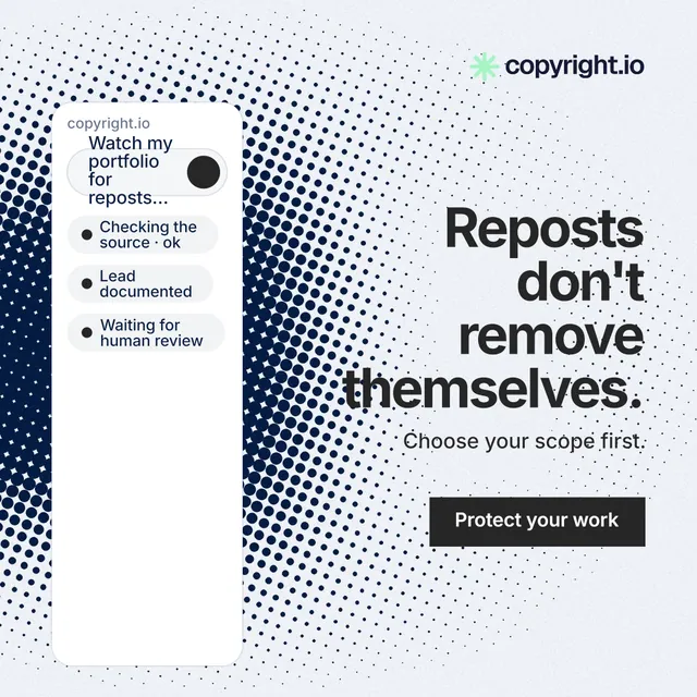 Instagram post for copyright.io: "Reposts don't remove themselves." Swiss style, right layout, light palette in white, grey.
