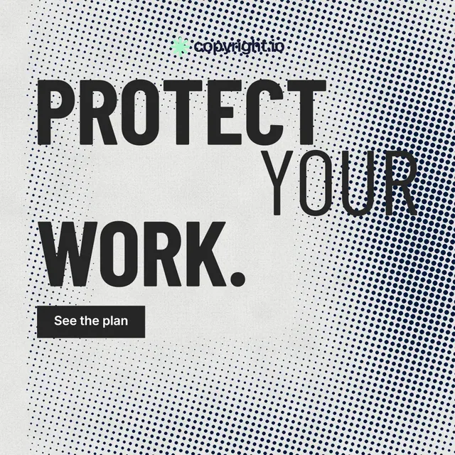 Instagram post for copyright.io: "Protect your work." Retro print style, stacked layout, light palette in grey, white.