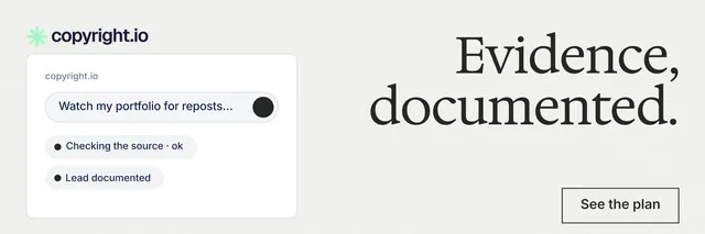 X header for copyright.io: "Evidence, documented." Editorial style, right layout, light palette in white, grey.