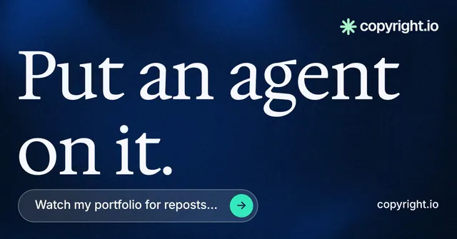 Social ad for copyright.io: "Put an agent on it." Agentic glass style, poster layout, dark palette in blue, black.