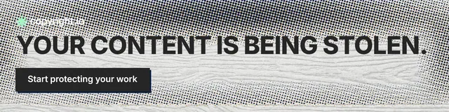 LinkedIn banner for copyright.io: "Your content is being stolen." Brutalist style, skeleton layout, light palette in grey, white.