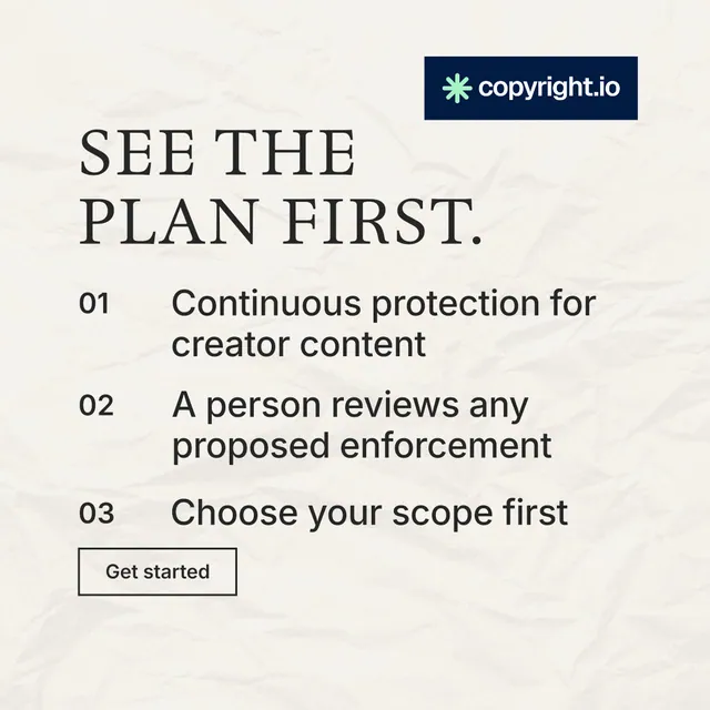 Instagram post for copyright.io: "See the plan first." Editorial style, numbered layout, light palette in white, yellow, grey.