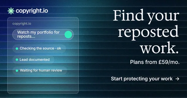 Social ad for copyright.io: "Find your reposted work." Minimal luxury style, right layout, dark palette in blue, black.