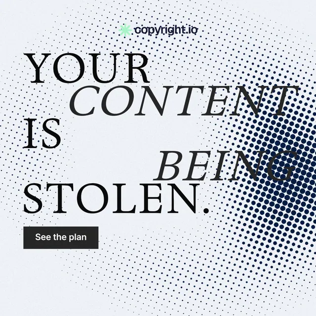 Instagram post for copyright.io: "Your content is being stolen." Split block style, stacked layout, light palette in white, blue, grey.
