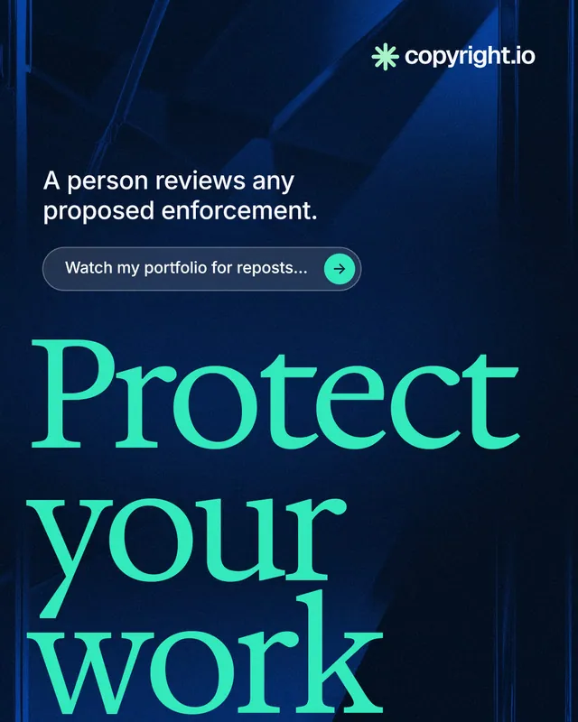 Instagram portrait post for copyright.io: "Find your reposted work." Agentic glass style, oversized layout, dark palette in blue, black, teal.