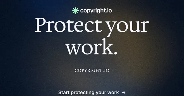 Social ad for copyright.io: "Protect your work." Agentic glass style, smallcaps layout, dark palette in black, blue, grey.