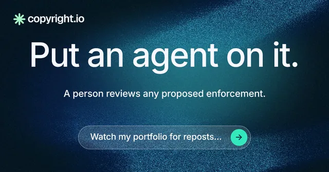 Social ad for copyright.io: "Put an agent on it." Agentic glass style, centred layout, dark palette in blue, black.
